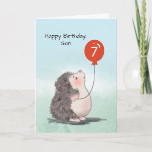 Zoon 7e verjaardag Leuke Hedgehog met ballon Kaart