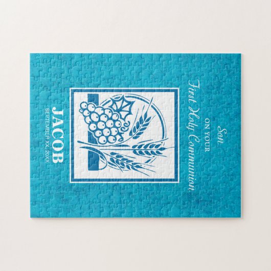 Zoon, eerste gemeenschap, tarwe, druiven blauw legpuzzel (Horizontaal)