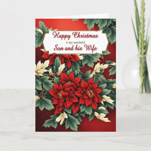 Zoon en zijn vrouw Kerstmis Poinsettias Feestdagen Kaart