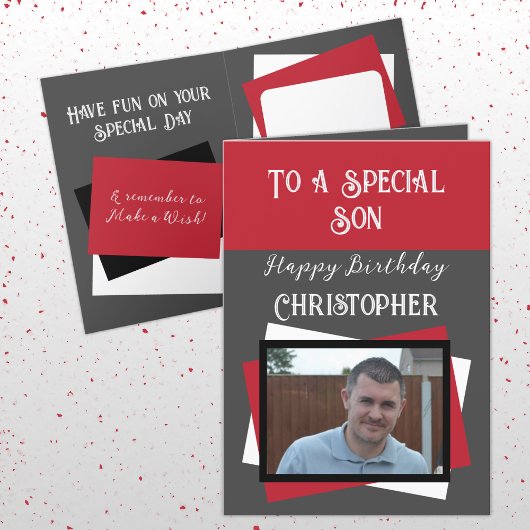 Zoon foto naam grijs rode verjaardag kaart