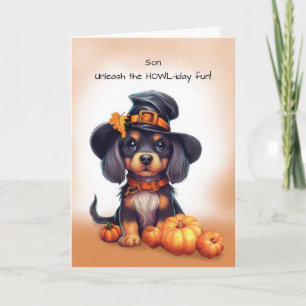 Zoon Halloween Schattige Zwarte Hond met Hoed Kaart