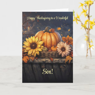 Zoon Thanksgiving met een Herfst avond met bladere Kaart