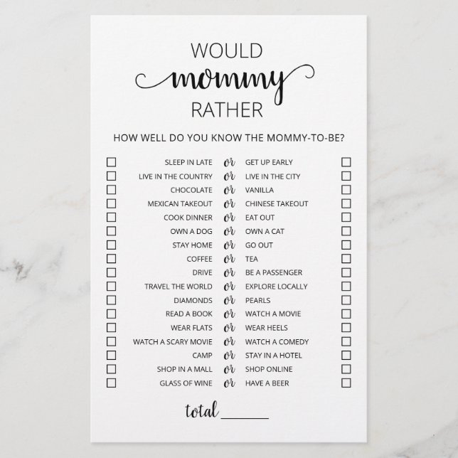 Zou mama Rather Baby shower Game (Voorkant)