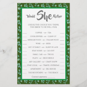 Zou ze liever Eucalyptus BridalShower-spelkaart he Flyer