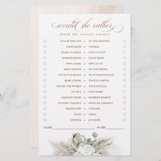 Zou ze liever Pampas Grass Bridal Game hebben? (Voorkant / Achterkant)