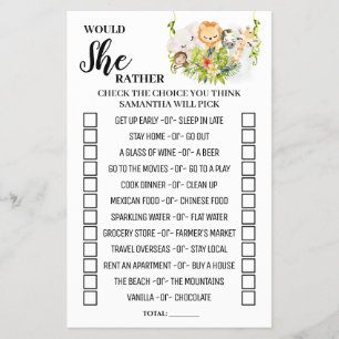 Zou zij liever Jungle Baby Shower Spelkaart Flyer