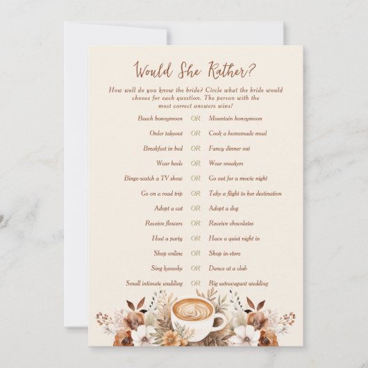 Zou Zij Liever Koffie Bruiloftsspelkaart Kaart (Voorkant)