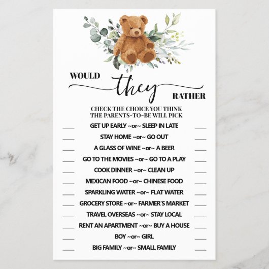 Zouden ze liever Beer Greenery Shower Game-kaart Flyer (Voorkant)