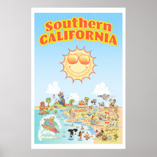 Zuid-Californië Cartoon Kaart Poster