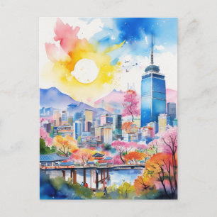 Zuid-Korea Aquarel Kunst Reizen Briefkaart
