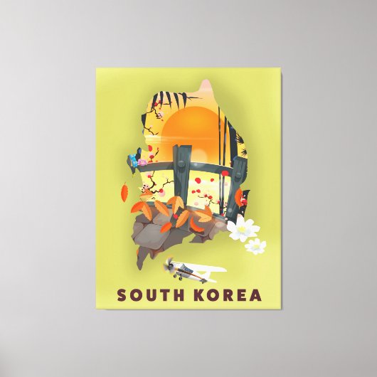 Zuid-Korea geïllustreerd kaart-poster Canvas Afdruk (Voorkant)