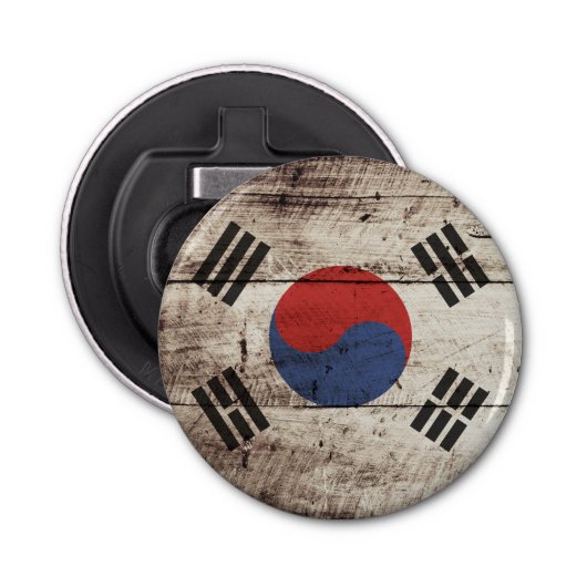 Zuid-Korea vlag op oude houten graan Button Flesopener (Voorkant)