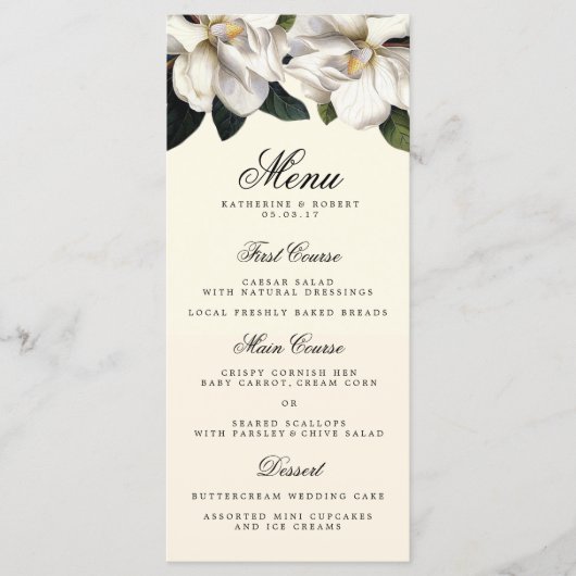 Zuidelijke Magnolia Botanische Bruiloft Menu Kaart (Voorkant)