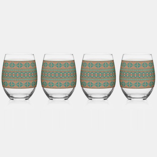 Zuidwest-Blauwgroen koperkleuren geometrisch patro Wijnglas Zonder Voet (Achterkant)