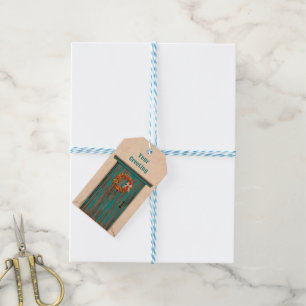 Zuidwest Chile Krans op Rustieke Blauwe Houten Deu Cadeaulabel