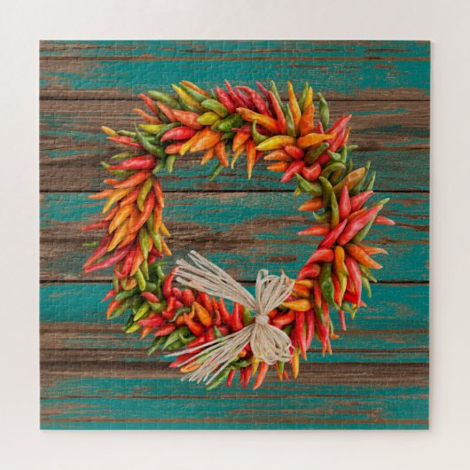 Zuidwest Chili Ristra krans verweerd blauw hout Legpuzzel (Horizontaal)