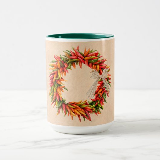 Zuidwest Chili Ristra Wreath on Adobe Wall Mok (Midden)
