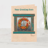 Zuidwest Chili Ristra Wreath Rustiek Blauw Venster Kaart (Voorkant)