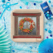 Zuidwest-Chili Wreath op Rustic Red Wood Window Papieren Bordje (Feest)