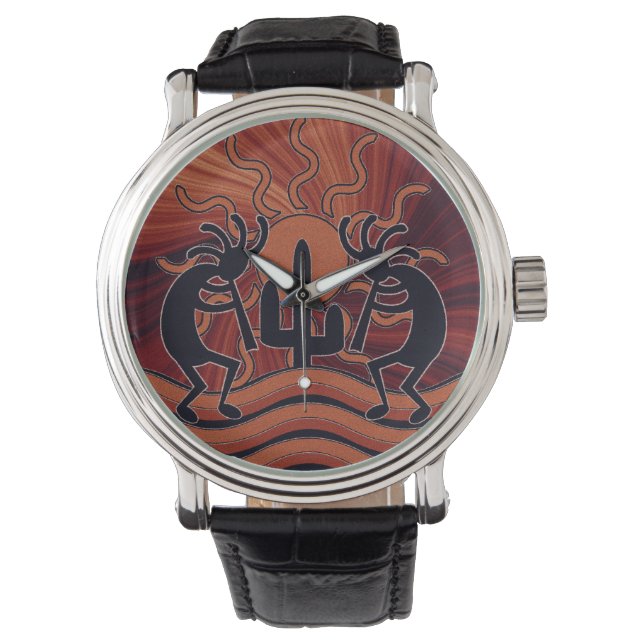 Zuidwest Design Dancing Kokopelli woestijn zonsond Horloge (Voorkant)