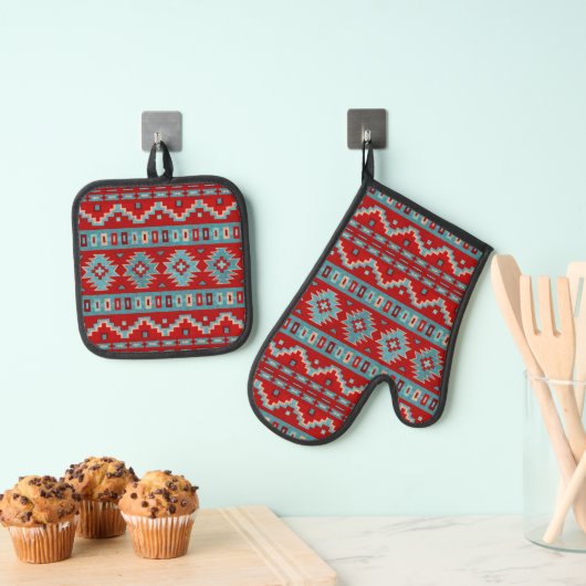 Zuidwest Mesas Turquoise en Rood Geometrisch Ontwe Ovenwant & Pannenlap Set (Insitu(Ophanging))