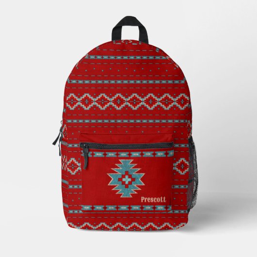 Zuidwest rood & turquoise geometrisch monogram bedrukte rugzak (Voorkant)