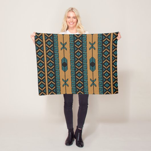 Zuidwest Tan Turquoise Zwart Azteeks Patroon Fleece Deken (In situ)