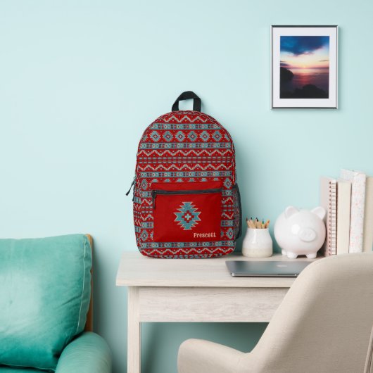 Zuidwest Turquoise & Rood Geometrisch Monogram Bedrukte Rugzak (Insitu)