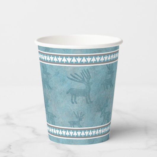 Zuidwest Winter Herten en Pine Trees Design Blauw Papieren Bekers (Achterkant)