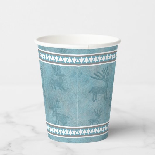 Zuidwest Winter Herten en Pine Trees Design Blauw Papieren Bekers (Rechts)