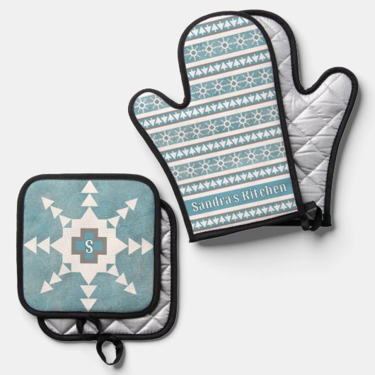 Zuidwest Winter Snowflakes & Pines gepersonaliseer Ovenwant & Pannenlap Set (Voorkant / Achterkant)