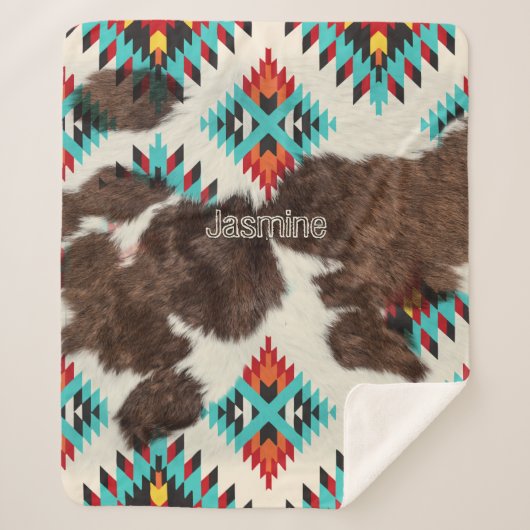 zuidwestelijk Koeienhuid Turquoise Aztec Pattern Sherpa Deken (Voorkant)