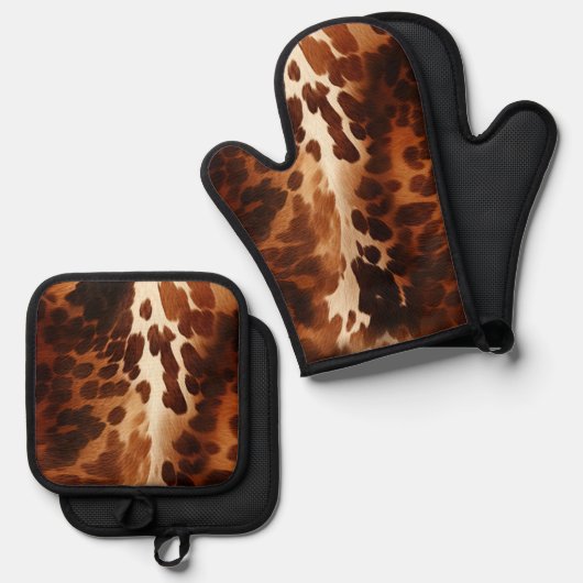 Zuidwestelijke bruine crème Koeienhuid Ovenwant & Pannenlap Set (Voorkant / Achterkant)