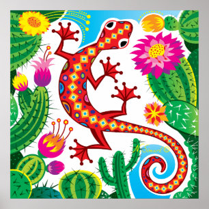 Zuidwestelijke gekko met cactusbloesem poster