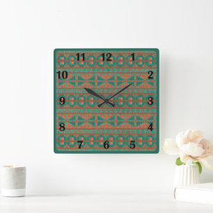 Zuidwestelijke Koperen Teal Geometrische Regelmati Vierkante Klok