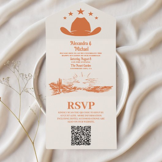 Zuidwestelijke Land Ranch Westerne Bruiloft QR Cod All In One Uitnodiging