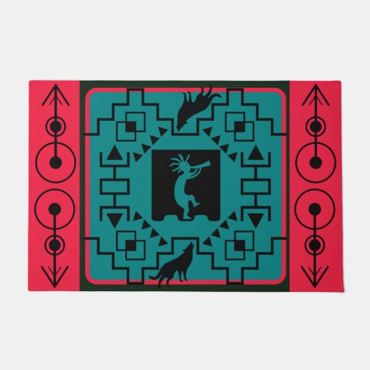 Zuidwestelijke Patroon Wolf en Kokopelli Deurmat (Voorkant)