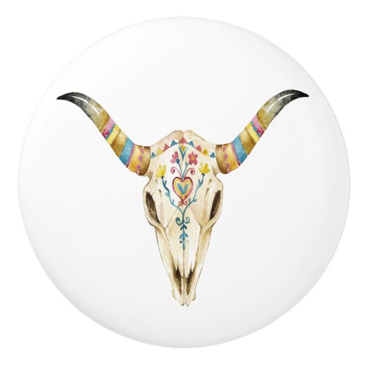 Zuidwestelijke Tribal Bull Skull 2 Keramische Knop (Voorkant)
