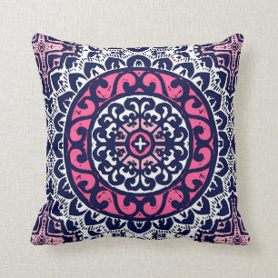 Zuidwestelijke Zon Mandala, Fuchsia, Marine & Wit Kussen