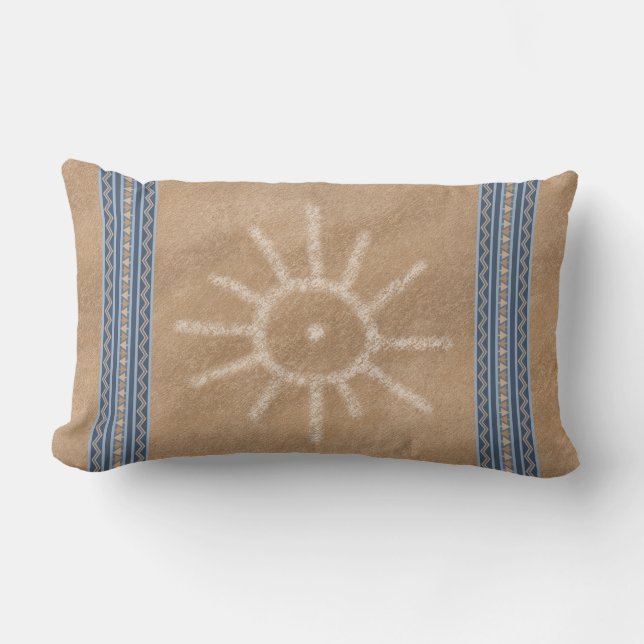 Zuidwestelijke zon Petroglyph Design Blauwe Rand Kussen (Voorkant)