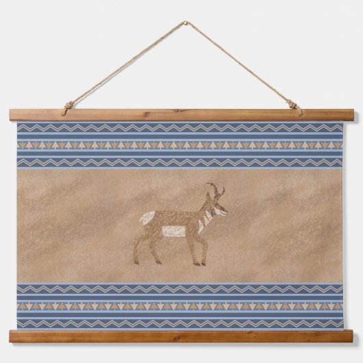 Zuidwesten Pronghorn Wandelen Antelope Blue Border Hangend Wandkleed (Voorkant)