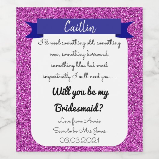 zul je mijn bruidsmeisje zijn roze glitters wijn etiket (Enkel label)