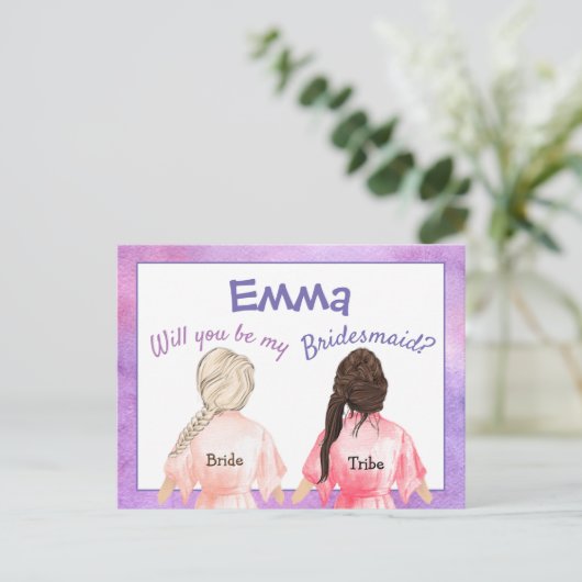 Zult u mijn bruidsmeisje/meisjes van achter/lilas uitnodiging briefkaart (Staand voorkant)