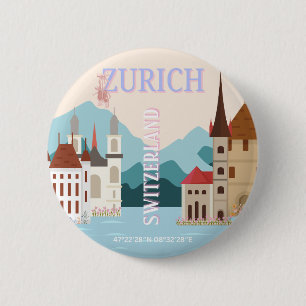 Zürich Reiskunst, Zwitserland Reiskunst, Retro Ronde Button 5,7 Cm