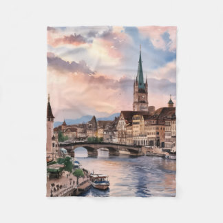Zurich Switzerland Watercolor Painting Fleece Deken