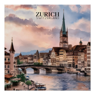 Zurich Switzerland Watercolor Painting Perfect Poster