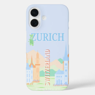 Zürich Travel Art, Zwitserland, Blue Retro Travel iPhone 16 Hoesje