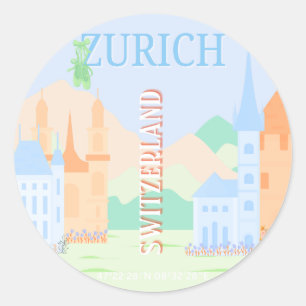 Zürich Travel Art, Zwitserland, Blue Retro Travel Ronde Sticker