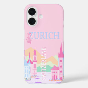 Zürich Travel Art, Zwitserland, Pink Preppy iPhone 16 Hoesje