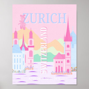 Zürich Travel Art, Zwitserland, Pink Preppy Poster